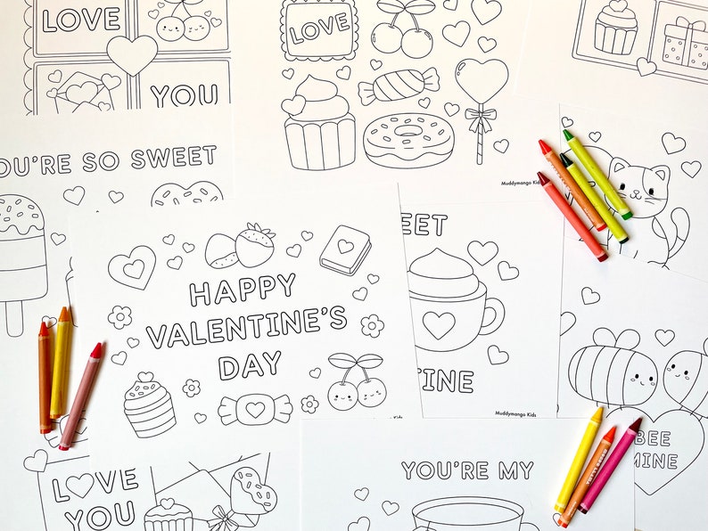 May include: A set of printable Valentine's Day coloring pages featuring various designs, including hearts, cupcakes, donuts, and a cat. The pages are black and white and ready to be colored.