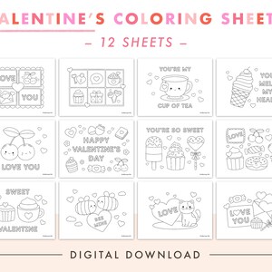 May include: A set of 12 printable Valentine's Day coloring pages featuring cute illustrations of hearts, sweets, and other romantic themes. The pages are perfect for kids to color and celebrate Valentine's Day.