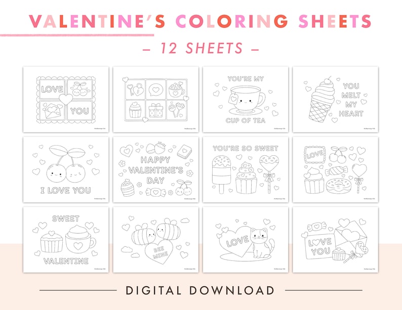 May include: A set of 12 printable Valentine's Day coloring pages featuring cute illustrations of hearts, sweets, and other romantic themes. The pages are perfect for kids to color and celebrate Valentine's Day.