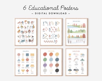 Juego de 6 carteles educativos, alfabeto, números, colores, formas, clima, estaciones, aprendizaje en el hogar, carteles para el aula, arte mural