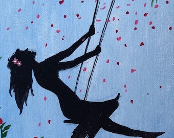 Grafika artystyczna „Dziewczyna na huśtawce” | Minimalistyczny obraz akrylowy, marzycielski wystrój pokoju dziecięcego (do pobrania w wersji cyfrowej)