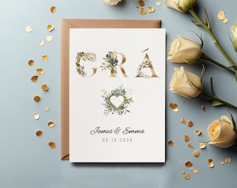 Personalised Wedding Gift Grá Floral Irish Love luxury Greetings Card - Newly Engagement Married Happy Couple Personalised Keepsake Gift.