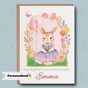 Carte de premier anniversaire grand-père - jolie carte personnalisée pour filles lapin lapin vintage 1er anniversaire cadeau aquarelle fille nièce cousine