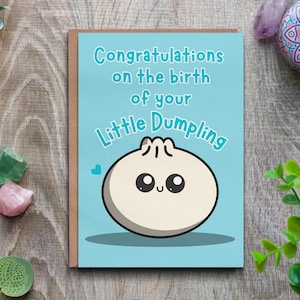 Tarjeta para bebé niño: ¡Felicidades por tu pequeño Dumpling! - Regalo para nuevos padres.