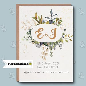 Carte de mariage personnalisée - Floral nom date lieu Carte de voeux - Félicitations pour votre mariage - Carte-cadeau de mariage - Or