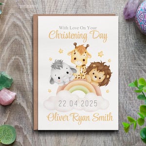 Biglietto di battesimo personalizzato con animali boho per bambini - Ricordo del battesimo personalizzato con nome e data