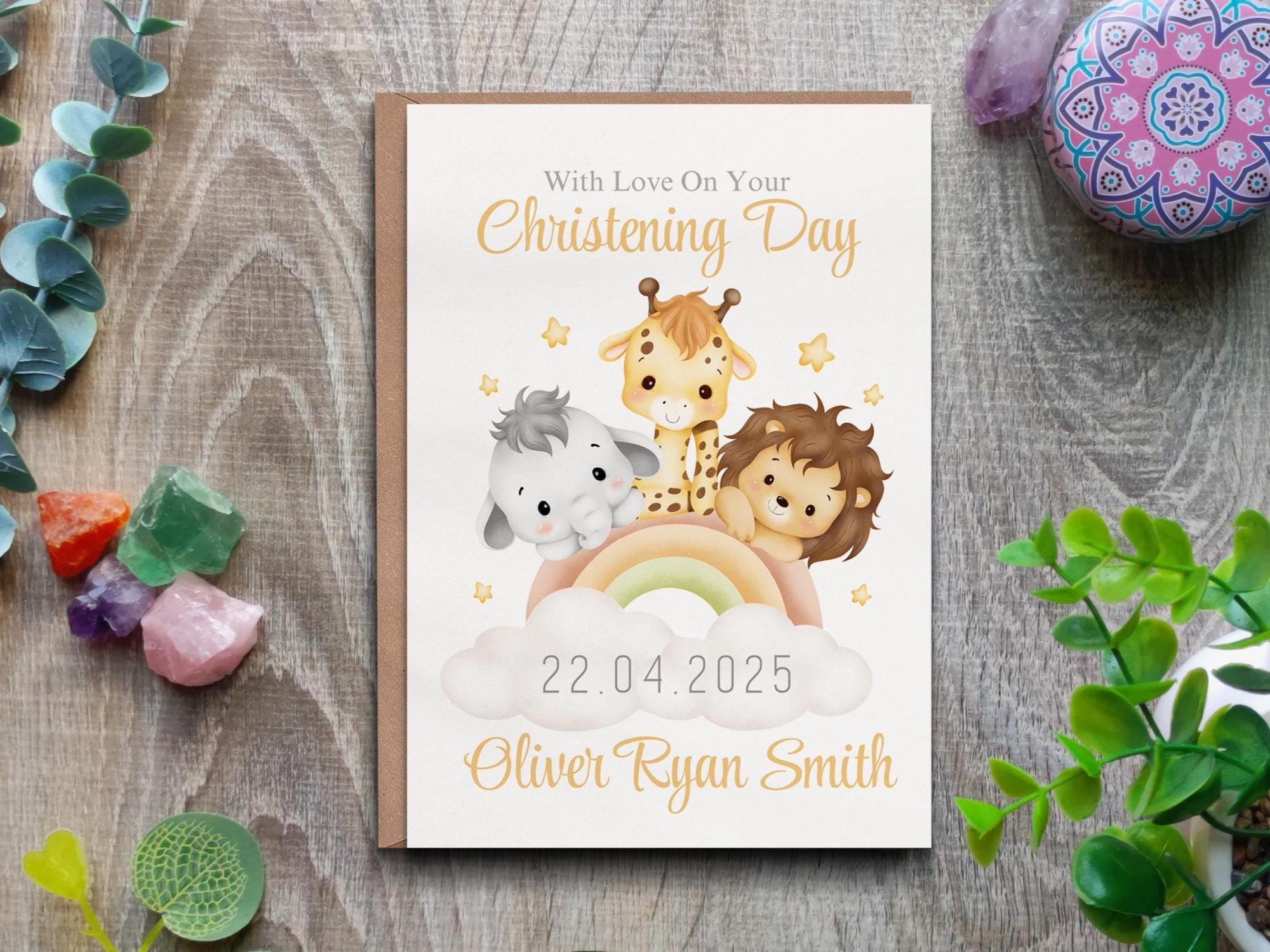 Christening card, Personalised card with child's name and date, boho animal design for boys, boys baptism christening card, keepsake card