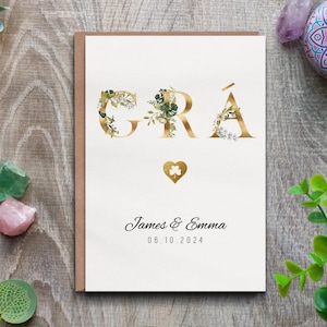 Biglietto di auguri per matrimonio irlandese GOLD GRA personalizzato - Saluto d'amore gaelico per coppie, regalo di nozze irlandese unico