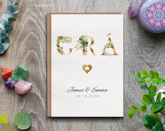 Gepersonaliseerde Ierse trouwkaart, Gold Grá love-wenskaart, As Gaeilge-trouwkaart, luxe liefdeskaart voor stel, aangepaste verlovingskaart