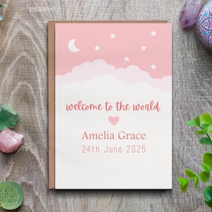 Gepersonaliseerde babykaart, Welcome to the world roze kaart, geboortekaart, voor meisje, nieuwe babykaart, gefeliciteerd met geboortekaart