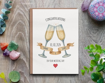 Carte de mariage personnalisée, carte de champagne de félicitations, carte de mariage personnalisée pour un couple heureux, carte de nom et de jour de mariage, mariage de luxe
