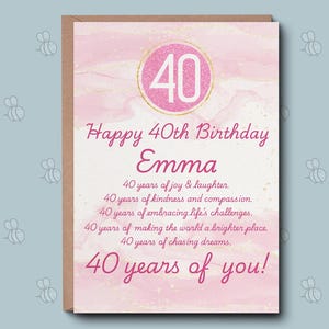 Carte personnalisée pour 40e anniversaire - Carte de voeux 40 ans à paillettes roses. Anniversaire pour elle, carte d'anniversaire pour un âge spécial, soeur femme amie