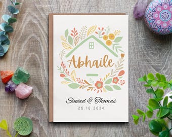 Personalized Irish New Home Card  Floral Abhaile Card in Gaeilge  Custom Name  Date