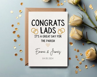 Personalised Wedding Card - Congrats Lads. Great day for the parish. Irish saying and diamond ring heart illustration.