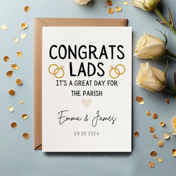 Personalised Wedding Card - Congrats Lads. Great day for the parish. Irish saying and diamond ring heart illustration.