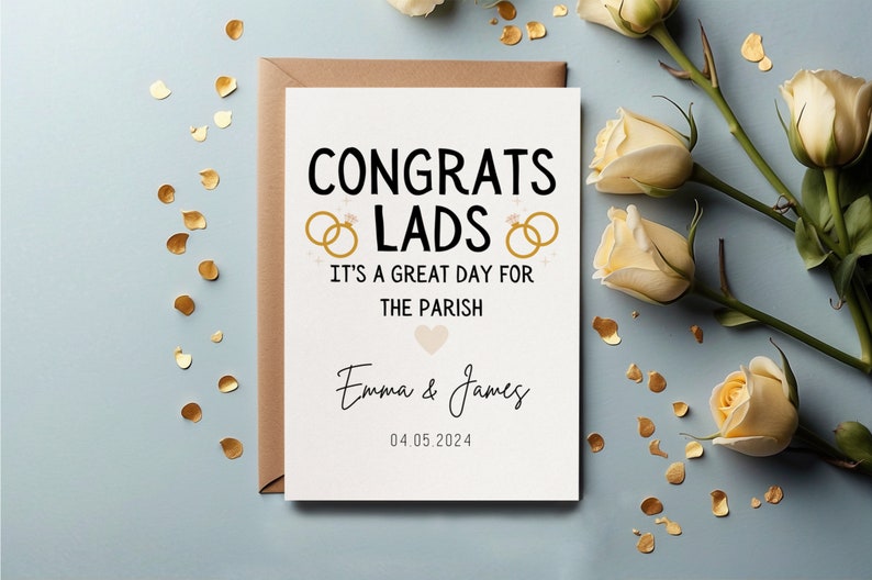 Personalised Wedding Card Congrats Lads. Great day for the parish. Irish saying and diamond ring heart illustration. image 1