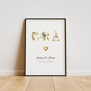 Personalised Grá Floral Gold A4 Print. Custom Wedding Gift, Irish Gaeilge Wall Art, Luxury Custom Wedding Gift, Customised With Name Date