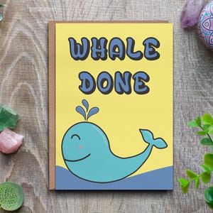 Grappige goed uitgevoerde kaart, felicitatiekaart, woordspeling walvis gedaan, afstudeerkaart, kaart geslaagd, examensucces, kaart geslaagd, felicitatiekaart