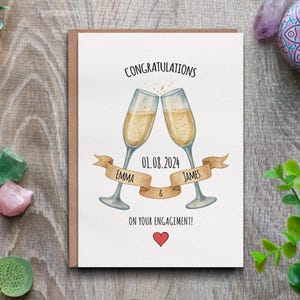 Carte personnalisée pour les futurs mariés, carte de fiançailles personnalisée de luxe, verres de champagne et nom et date du couple, carte de félicitations