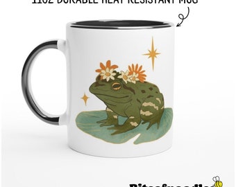 Tasse grenouille - Embrassez-moi et dites-moi que je suis jolie - Cadeau pour les amateurs de thé vintage Cottage core. Vert moutarde style années 70.