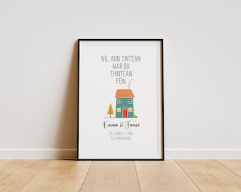 Gepersonaliseerde A4-afdruk, Ierse taal no place like home art, aangepaste naam en nieuw adres, As gaeilge home-print, poster voor housewarming,