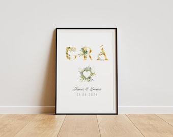 Gepersonaliseerde Grá Irish Wedding Print: gouden bloemen A4-cadeau