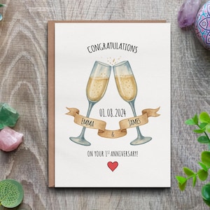 Erster Jahrestag Karte, Personalisierte Hochzeitsjubiläumskarte mit Champagnergläsern, Glückwünsche 1-jähriges Jubiläum, Papierjubiläum