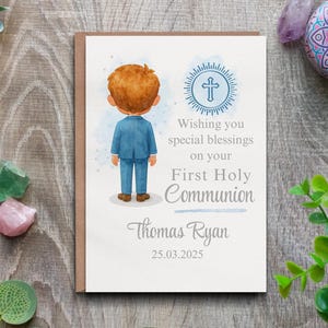Biglietto di auguri per la prima comunione dei bambini: biglietto di auguri personalizzato con acquerello, nome e data.