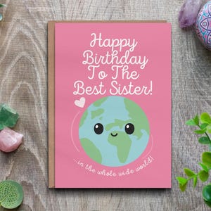 Verjaardagskaart zus - beste zus ter wereld. Roze schattige wenskaart voor zus.