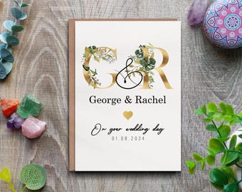 Gepersonaliseerde initialen trouwkaart, luxe gouden bloemen trouwkaart, aangepaste naam en datumkaart, kaart voor bruiloft, elegante trouwkaart