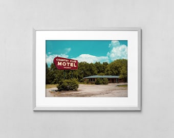 Impresión de letrero de motel de club de campo retro, fotografía vintage de carretera, arte mural imprimible grande