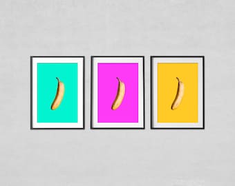 Juego de 3 impresiones pop art de plátanos, fotografías coloridas de comida de cocina, arte mural imprimible grande