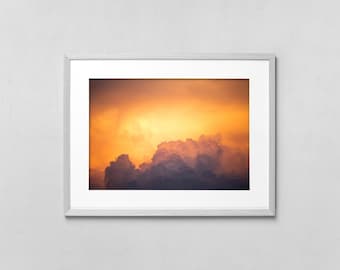 Cielo naranja, fotografía de nubes al atardecer en la hora dorada, arte mural imprimible de gran tamaño
