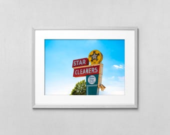 Impresión de letrero retro de tintorería, fotografía vintage de carretera, arte mural imprimible de gran tamaño