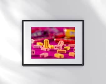 Impresión de dulces PEZ, fotografía de comida colorida, arte de pared imprimible grande