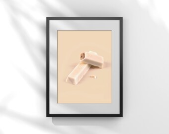 Impresión de KitKat de chocolate blanco, fotografía macro de caramelo beige, arte mural imprimible grande