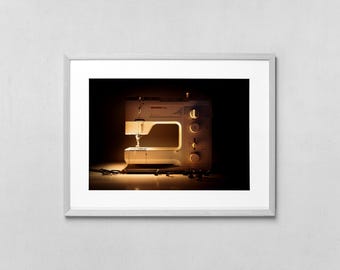 Impresión de máquina de coser vintage, fotografía industrial cálida, arte mural imprimible de gran tamaño