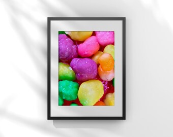 Impresión de gomitas Rainbow Nerds, fotografía macro de dulces, arte mural imprimible grande