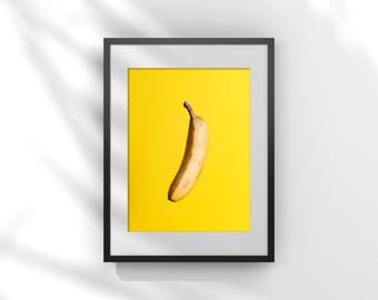 Impresión pop art de plátano amarillo, fotografía colorida de comida de cocina, arte mural imprimible grande