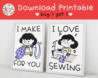 Craft Room Printable, Sewing Character illustration, Cute Sewing Printable,  Gift for Sewing Lover, DIY Print at home Deco