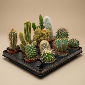 Peut inclure: Une collection de douze petits cactus en pot disposés dans un plateau de pépinière en plastique noir. L'assortiment comprend diverses formes et tailles, avec des tiges vertes aux épines jaunes, blanches ou brunes, plantés dans des pots individuels.