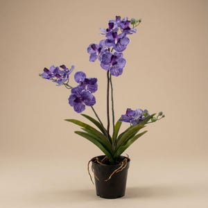 Op de afbeelding: Een kunstmatige orchideeplant in een pot met levendige paarse bloemen en groene bladeren. De orchidee heeft donkere stelen en is geplant in een zwarte pot. De bloemen hebben een gespikkeld patroon en de plant staat tegen een neutrale achtergrond.