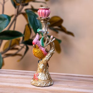 Portacandele a forma di pappagallo rosa - Portacandele in poliresina giocoso (27,5 cm) per interni audaci e colorati