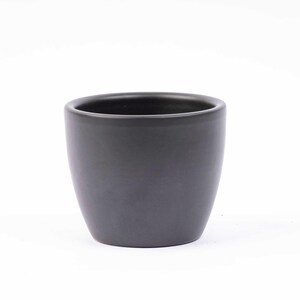 Può includere: Un vaso da fiori in ceramica nera di forma arrotondata.