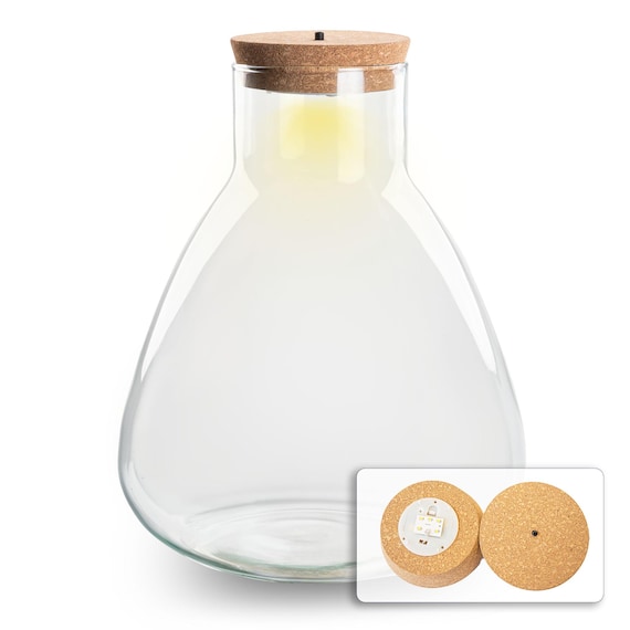 Closed Terrarium Container Sam with LED light cork • ↑ 30 cm / Ø 24,5 cm • Glass jar • DIY Terrarium • Glass • Cork Lid with lichting