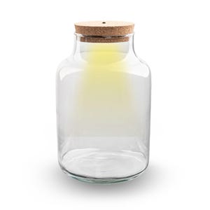 May include: A clear glass jar with a wide base and a cork stopper. The jar has a cylindrical shape with a slightly flared neck. The cork stopper is a light brown color. The jar appears to be empty, with a soft yellow glow emanating from within.