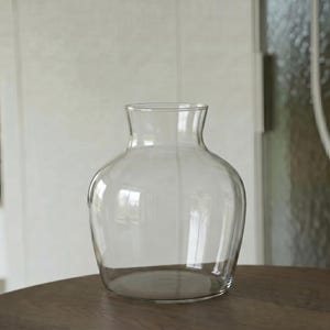 Può includere: Un vaso in vetro trasparente con un corpo ampio e arrotondato e un collo stretto e svasato. Il recipiente presenta una superficie liscia e trasparente con un'apertura circolare sulla parte superiore, caratterizzato da una forma semplice e simmetrica.