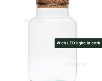 Récipient pour terrarium fermé 'Milky avec LED' liège lumineux • ↑ 31 cm / Ø 17 cm • Pot en verre • Terrarium DIY • Verre • Couvercle en liège avec lichting