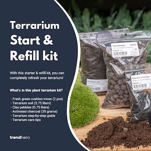 Könnte beinhalten: Ein Terrarium-Start- und Nachfüll-Kit mit frischem grünen Kissenmoos, Terrarienerde, Tonkugeln und Aktivkohle. Das Kit enthält eine Schritt-für-Schritt-Anleitung und Pflegetipps. Der Text "Terrarium Start & Refill kit" ist ebenfalls zu sehen.