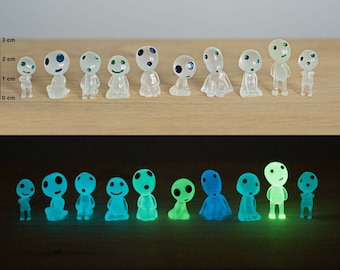 Set of 10 Kodama Miniature Figurines - Forest Spirits - Elf Figure Ghost Fairy Garden Plant - Family set - Green or Blue